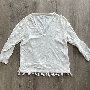 Women's JCrew White Long Quarter-sleeve Tasseled V-neck top